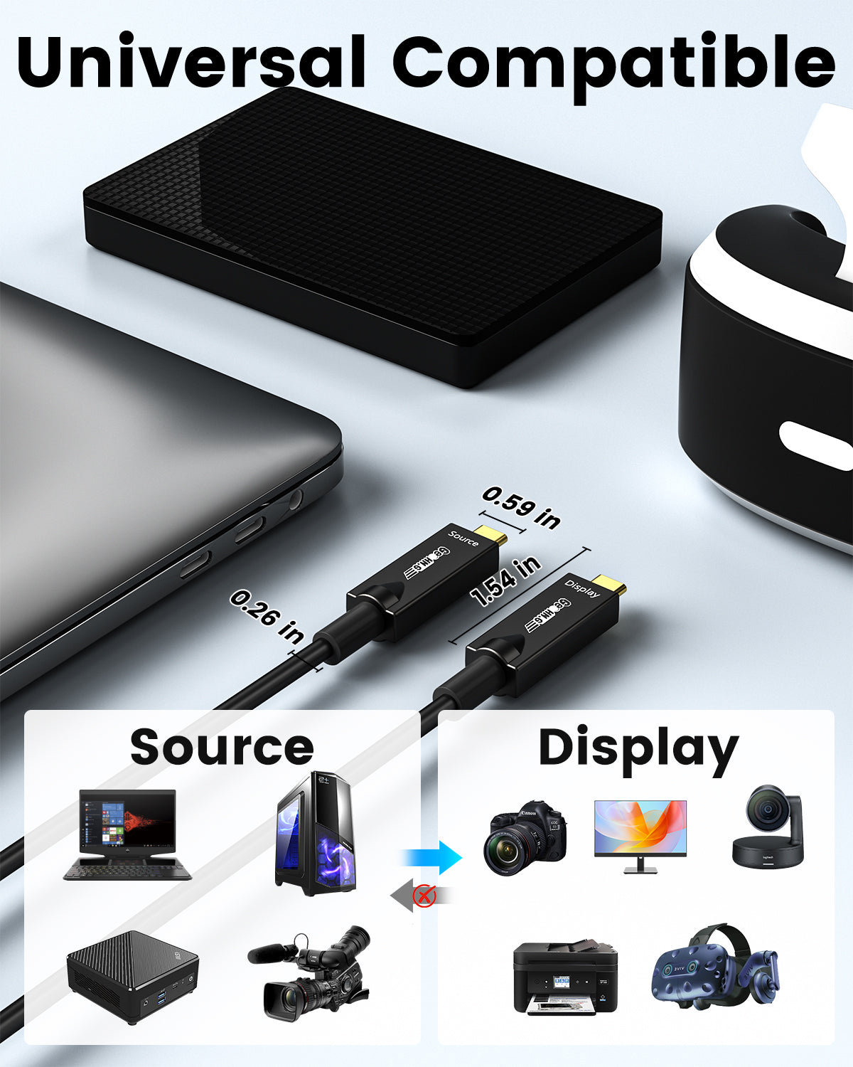 USB C Fiber Optic Cable Full-Featured, 10Gbps, 4K@60Hz Video, PD 60W, DP 1.4 Alt Mode USB 3.2 Active Optical Cable